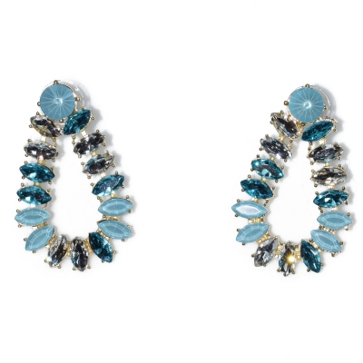Earrings faux bijoux brass drops with turquoise crystals in gold color BZ-ER-00613