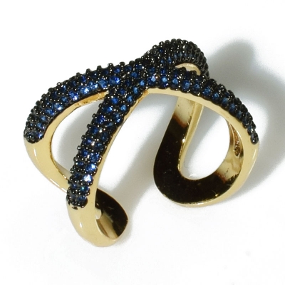 Ring faux bijoux brass design X with blue crystals in gold color BZ-RG-00445
