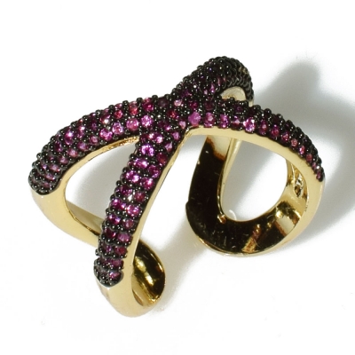 Ring faux bijoux brass design X with purple crystals in gold color BZ-RG-00447