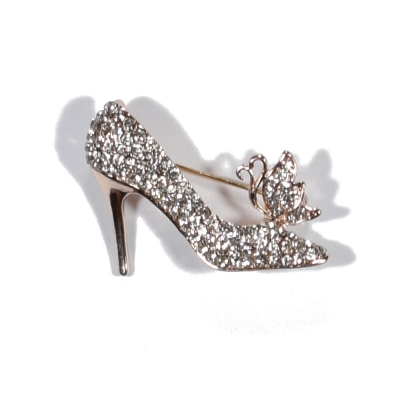 Brooch faux bijoux brass heels butterfly with white crystals (BZ-KR-00029)