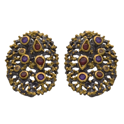 Handmade sterling silver earrings with black and gold plating and amethyst, red garnet and citrine​ ENG-EE-13