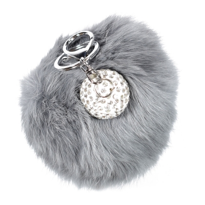Key chains faux bijoux brass grey fur with white crystals (BZ-KC-00015)