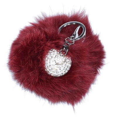 Key chains faux bijoux brass red fur with white crystals (BZ-KC-00017)