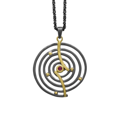 Handmade sterling silver necklace spiral with black and gold plating and red garnet ENG-KM-1813