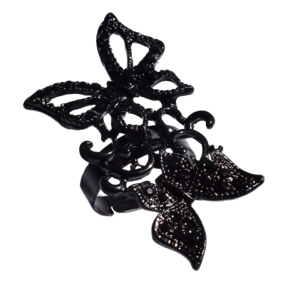 Ring faux bijoux brass butterflies very long with black crystals in black color BZ-RG-00474