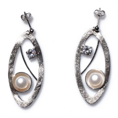 Handmade sterling silver earrings 925o oval with mat silver plating and white pearls and white zirconia IJ-020115A