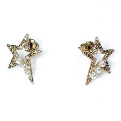 Σκουλαρίκια φο μπιζού ορείχαλκος αστέρια καρφωτά με λευκές πέρλες και λευκούς κρυστάλλους σε χρυσό χρώμα BZ-ER-00725