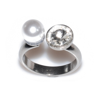 Δαχτυλίδι ατσάλινο (stainless steel) ασημί με πέρλα και κρυστάλλους BZ-RG-00086
