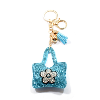 Key chains faux bijoux brass bag with crystals in turquoise color (BZ-KC-00004)