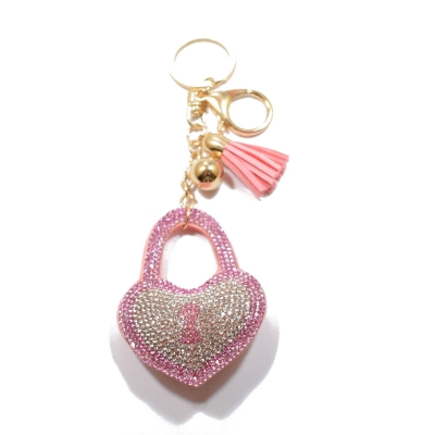 Key chains faux bijoux brass heart with crystals in pink color (BZ-KC-00005)