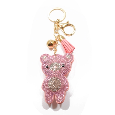 Key chains faux bijoux brass teddy bear with crystals in pink color (BZ-KC-00008)