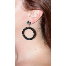 Earrings faux bijoux medium size hoops with black grey crystals in rose gold color BZ-ER-00308 worn in the ear