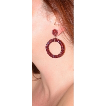 Earrings faux bijoux medium size hoops with bordeaux crystals in rose gold color BZ-ER-00320 worn in the ear