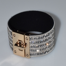 Bracelet faux bijoux leather with white crystals in pale gold color BZ-BR-00440