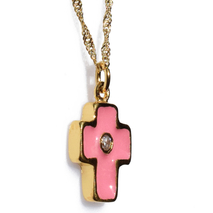 Χειροποίητος ασημένιος σταυρός 925ο με αλυσίδα και κορδόνι σε χρυσή επιμετάλλωση με ροζ σμάλτο και ζιργκόν IJ-090068B Εικόνα 2