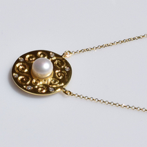 Handmade sterling silver necklace 925o disk with gold plating and white pearls and white zirconia IJ-040013B Image 3