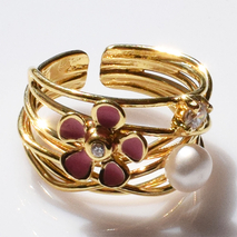 Χειροποίητο ασημένιο δαχτυλίδι 925ο λουλούδι σε χρυσή επιμετάλλωση με ροζ σμάλτο λευκά μαργαριτάρια και λευκά ζιργκόν IJ-010084B Εικόνα 4