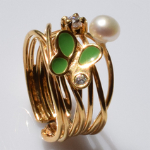 Χειροποίητο ασημένιο δαχτυλίδι 925ο πεταλούδα σε χρυσή επιμετάλλωση με πράσινο σμάλτο λευκά μαργαριτάρια και λευκά ζιργκόν IJ-010085B Εικόνα 3