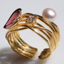 Χειροποίητο ασημένιο δαχτυλίδι 925ο καρδιά σε χρυσή επιμετάλλωση με ροζ σμάλτο λευκά μαργαριτάρια και λευκά ζιργκόν IJ-010086B Εικόνα 2