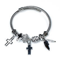 Bracelet faux bijoux brass cross with multi color crystals in silver color BZ-BR-00506
