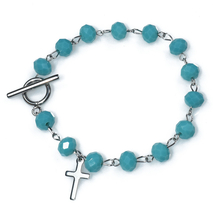 Bracelet faux bijoux brass cross with turquoise crystals in silver color BZ-BR-00512