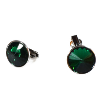 Earrings stainless steel round clips with green crystals in silver color BZ-ER-00719