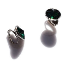 Earrings stainless steel round clips with green crystals in silver color BZ-ER-00719 Image 4