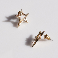 Earrings faux bijoux brass stars with white pearls and white crystals in gold color BZ-ER-00725 Image 3