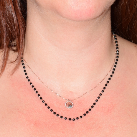Necklace staineless steel rozario tree of life in rose gold color with crystals BZ-NK-00259 image 3 worn in the neck