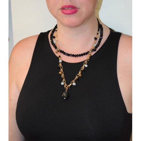 Necklace faux bijoux long with black and grey crystals in pale gold color BZ-NK-00339 image 2