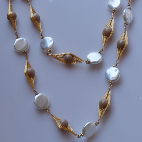 Necklace faux bijoux long with pearls and crystals in pale gold color BZ-NK-00341 image 3
