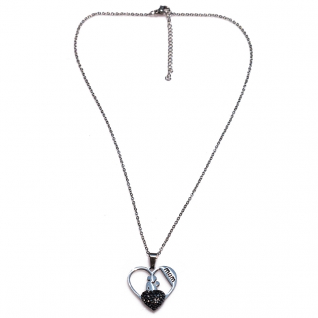 Necklace stainless steel heart mom baby with black crystals in silver color BZ-NK-00352 image 3