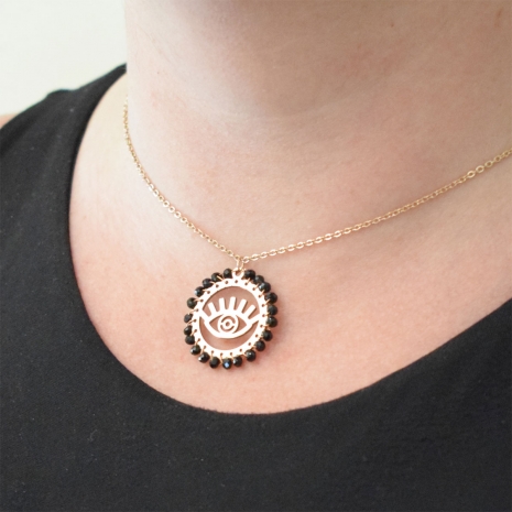 Necklace stainless steel evil eye with black crystals in rose gold color BZ-NK-00354 image 2