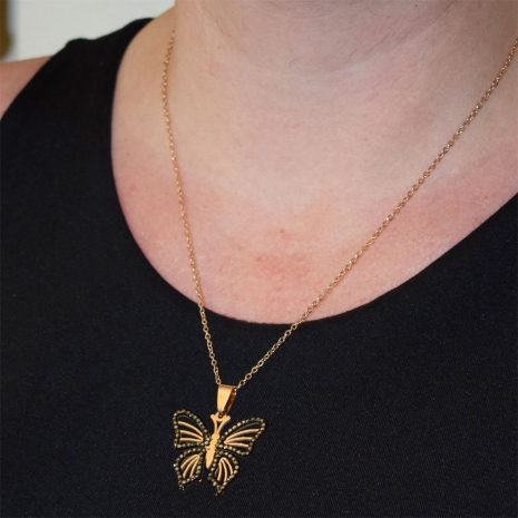 Necklace stainless steel butterfly with black crystals in rose gold color BZ-NK-00356 image 2