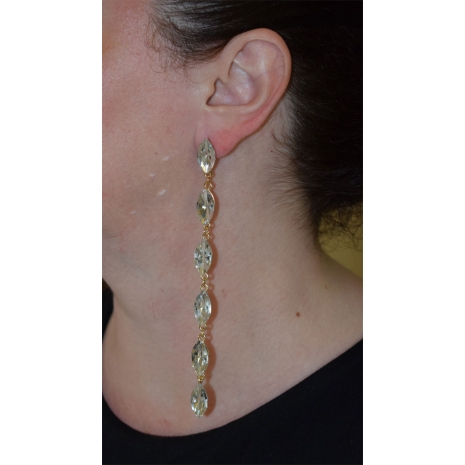 Earrings faux bijoux very long with white crystals in pale gold color BZ-ER-00477 image 2