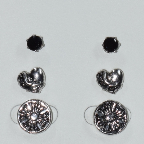 Earrings (set three together) faux bijoux brass cross heart with black crystals in silver/grey color BZ-ER-00618 Image 2