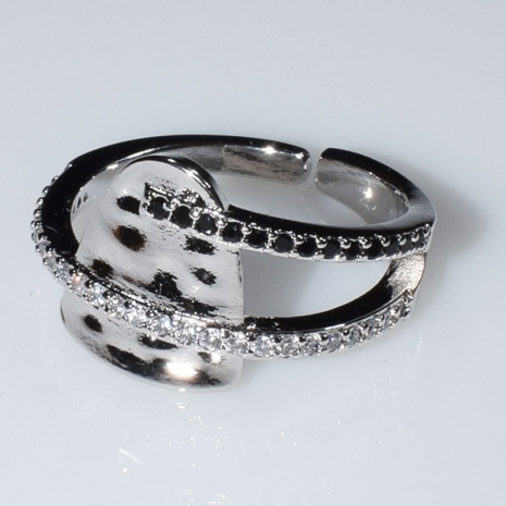 Ring faux bijoux brass with black and white crystals in silver color BZ-RG-00448 Image 2