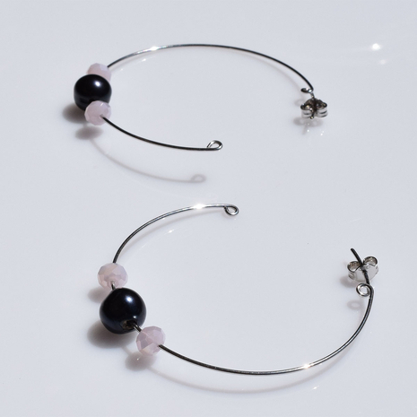 Handmade sterling silver earrings 925o hoops with silver plating and black pearls and pink crystals IJ-020438A Image 2