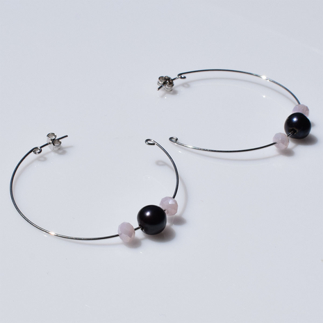 Handmade sterling silver earrings 925o hoops with silver plating and black pearls and pink crystals IJ-020438A Image 3