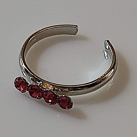 Toe ring faux bijoux brass with fuchsia crystals in silver color BZ-RG-00408 Image 2